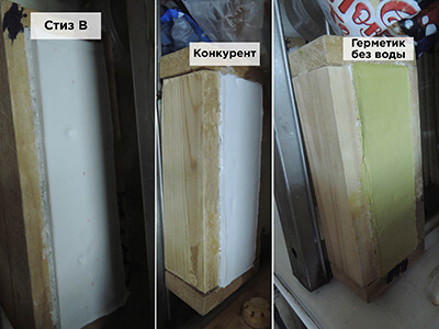 Рисунок нанесения герметиков на монтажную пену в третьем эксперименте через 2 суток после запенивания с предварительно увлажненными опалубками